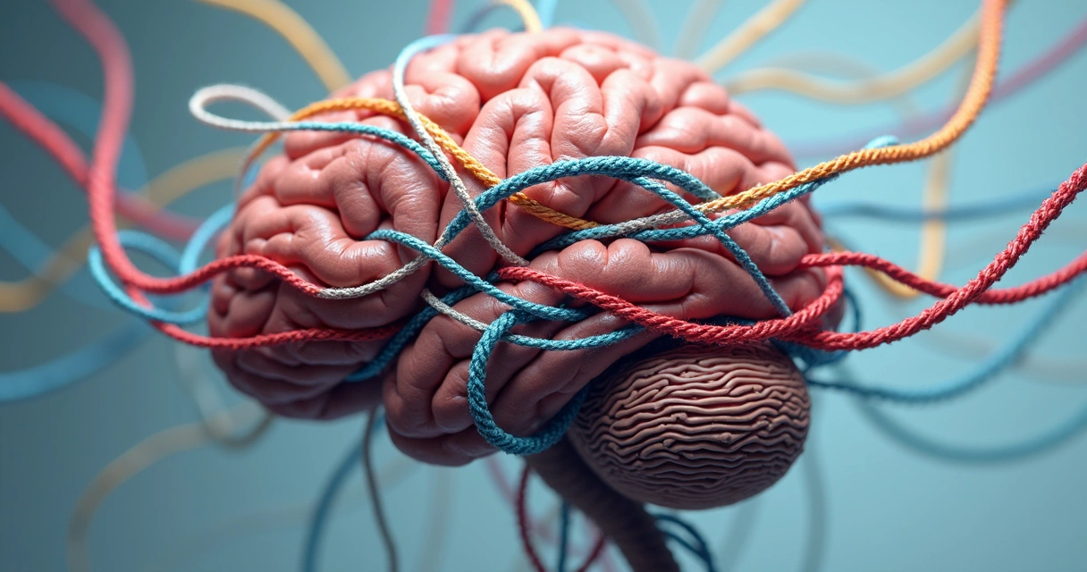 Cérebro humano com fios coloridos representando armadilhas cognitivas 