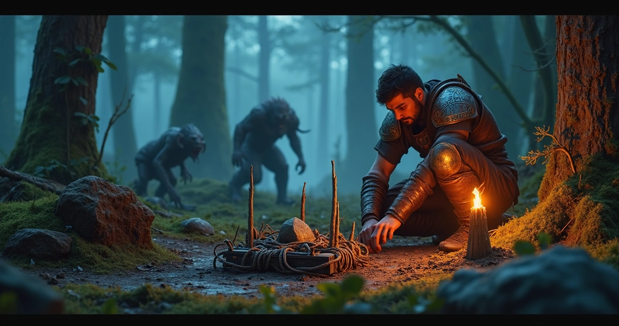 Caçador preparando armadilha para criatura em floresta estilo Tibia 