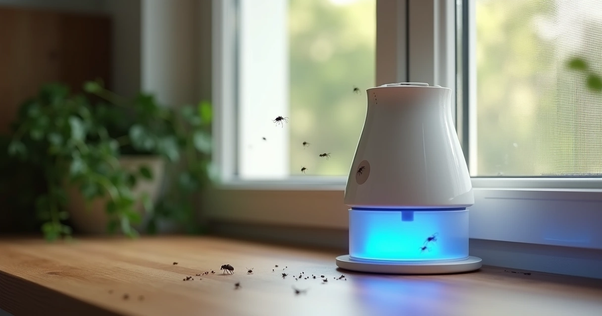 Armadilha de pragas com luz UV em ambiente doméstico, próximo de janela com tela 