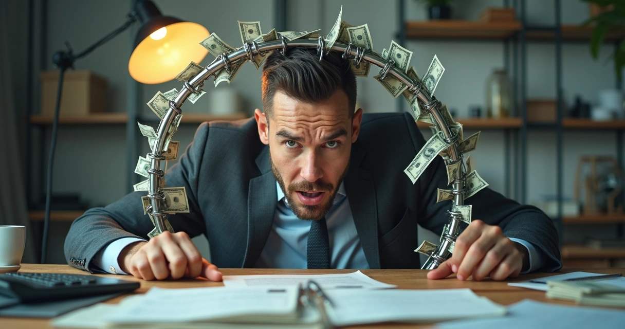 Ilustração mostrando empresário preso numa armadilha metálica feita de cédulas de dinheiro 