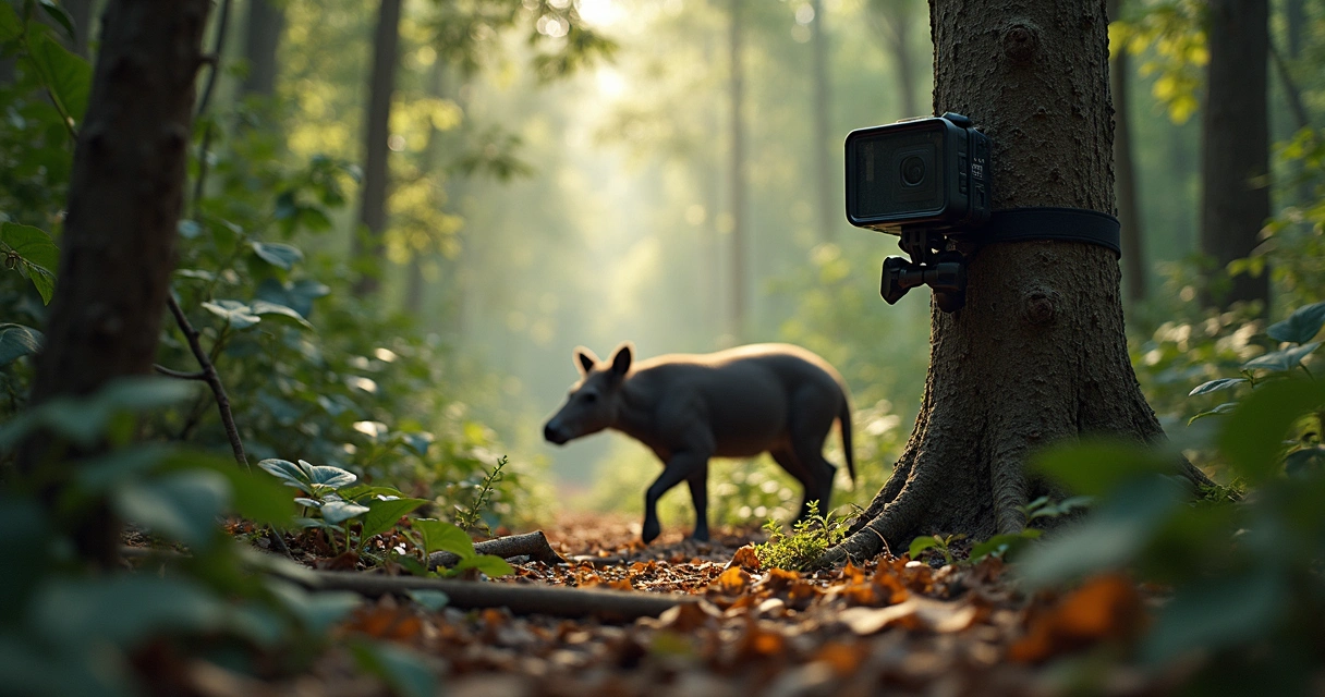 Câmera de armadilha fotográfica presa a uma árvore capturando uma anta em floresta densa 