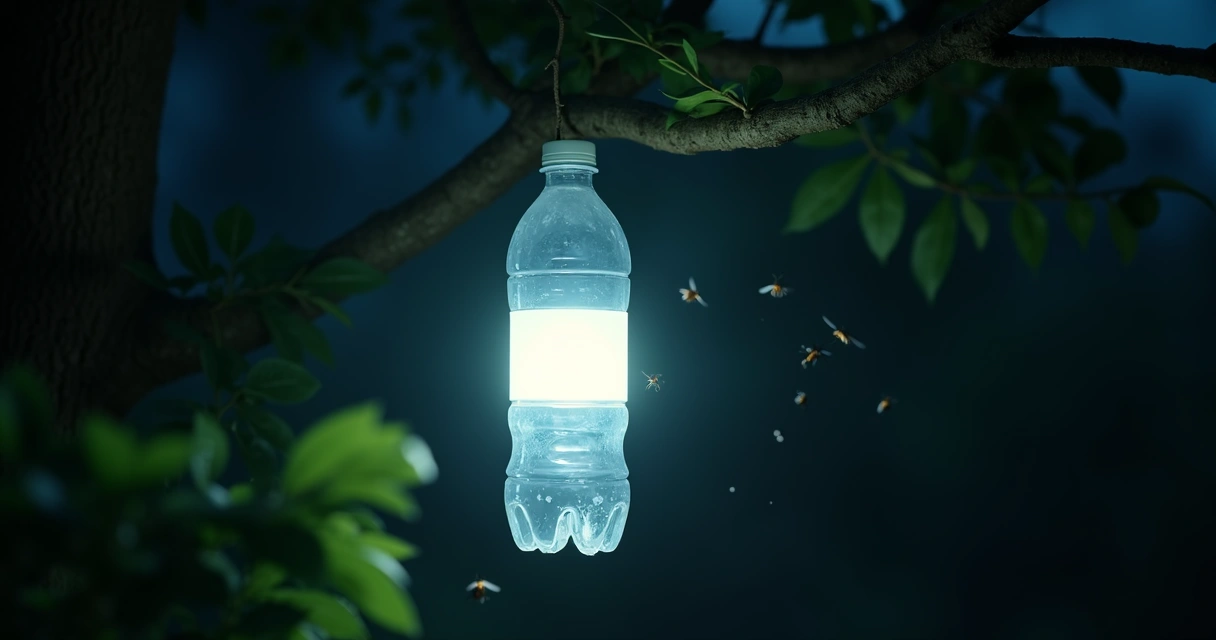 Armadilha luminosa para insetos presa a um galho de árvore durante a noite, destacando luz suave e vários insetos ao redor 