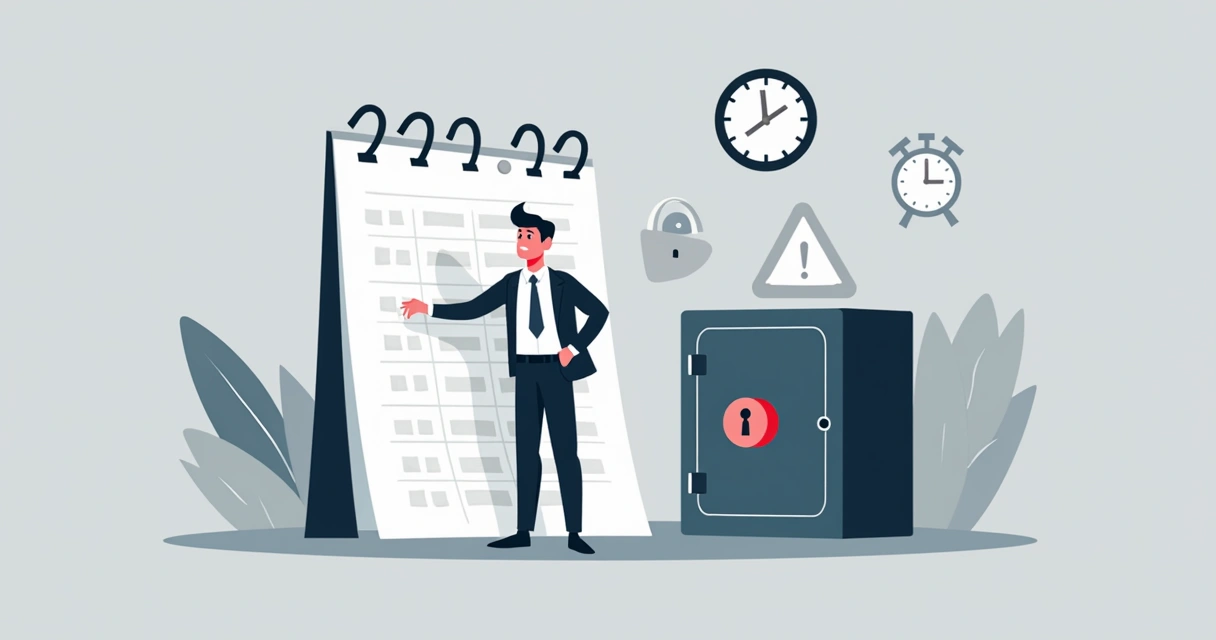 Homem olhando preocupado para um calendário e um cofre fechado 