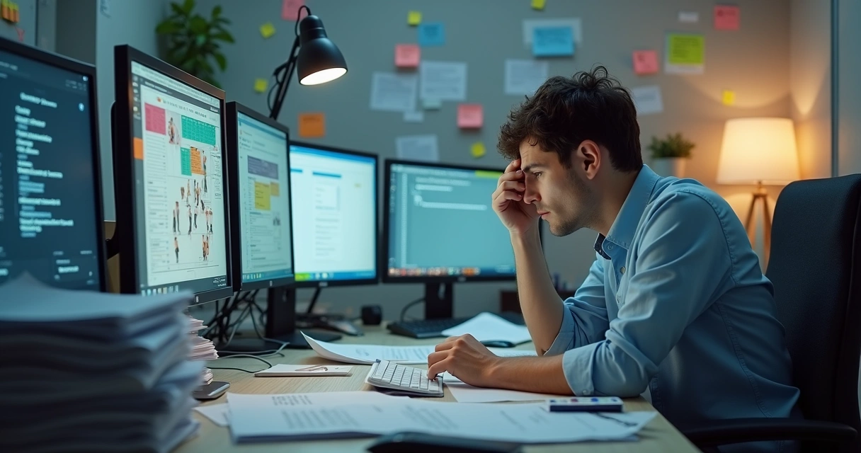 Pessoa sentada diante de muitos papéis e telas de computador, parecendo sobrecarregada e pensativa 