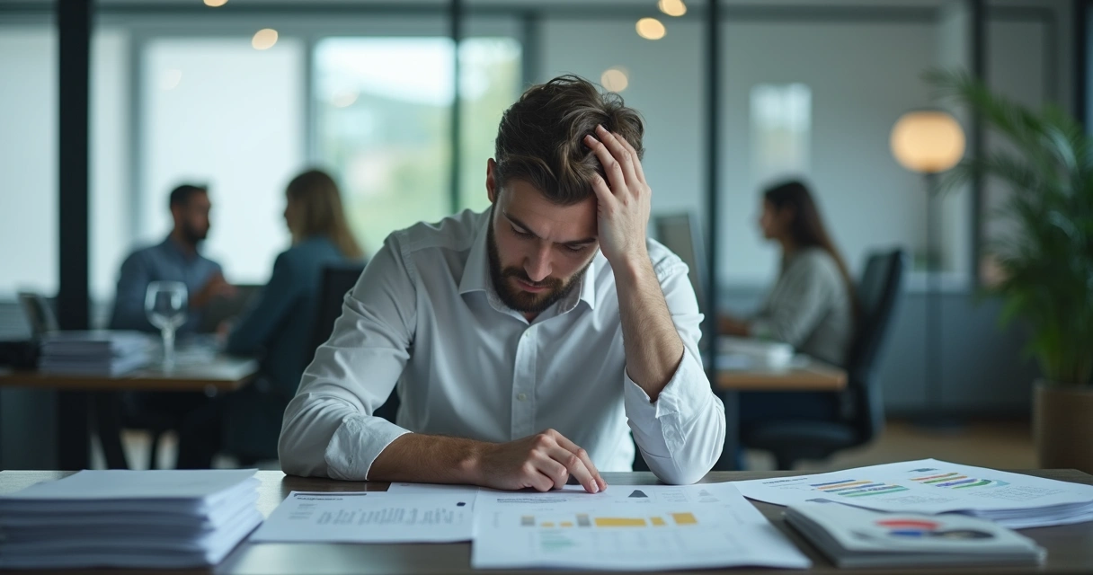 Colaborador pensativo sozinho à mesa de escritório, cercado por papéis e gráficos 