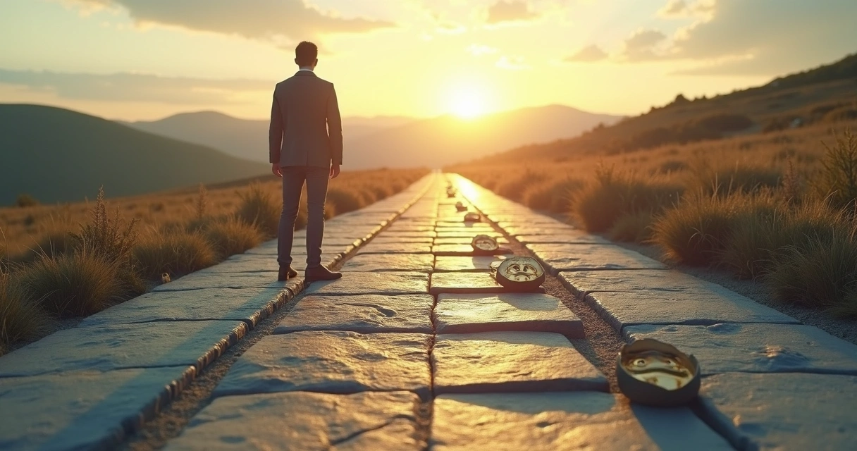 Pessoa em pé em caminho com degraus observando sombras em forma de armadilhas 