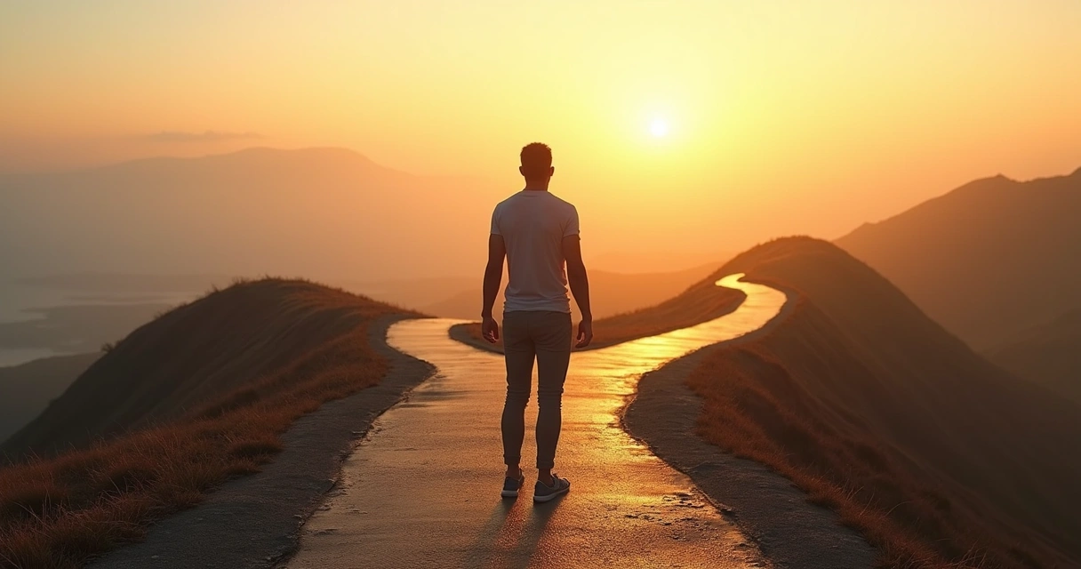 Pessoa em encruzilhada com vários caminhos simbolizando armadilhas do autoconhecimento 