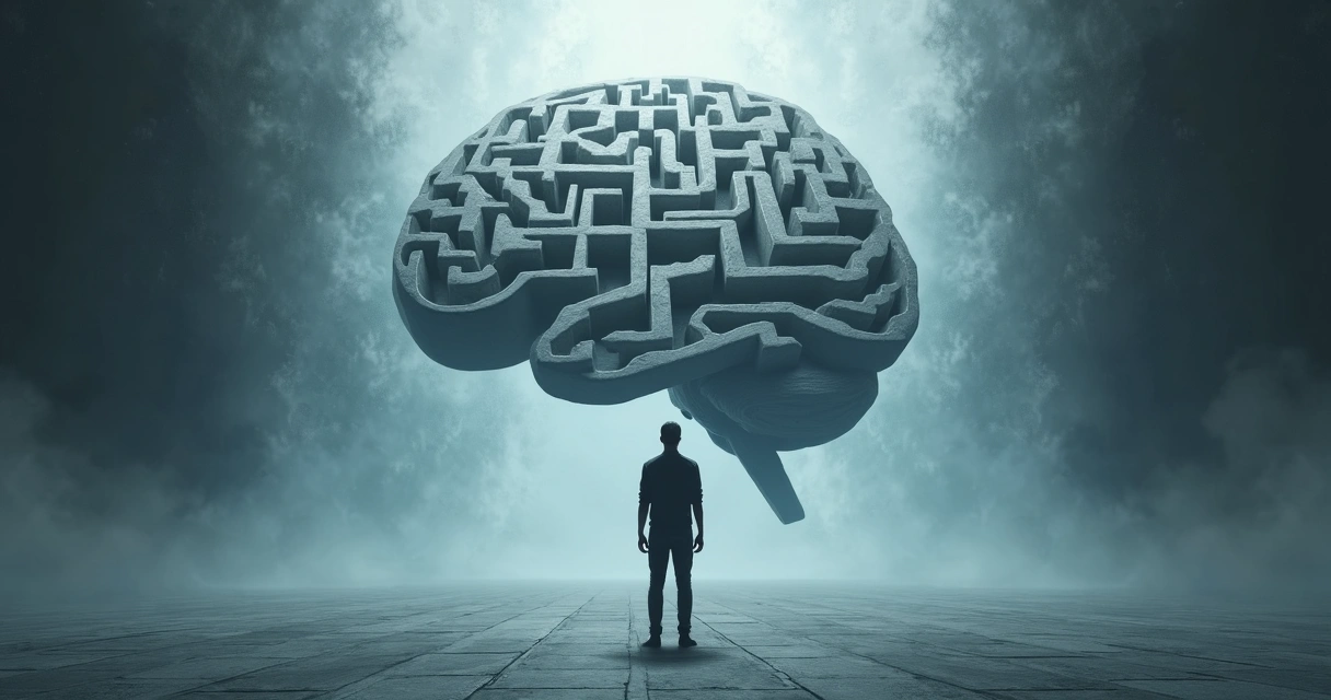 Pessoa em pé diante de um labirinto em forma de cérebro iluminado 