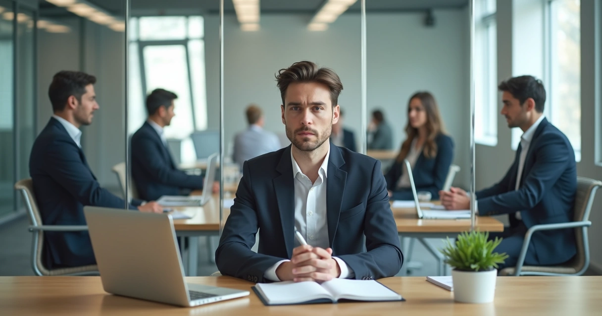 Profissional em escritório cercado por reflexos espelhados simbolizando armadilhas do autoconhecimento no trabalho 