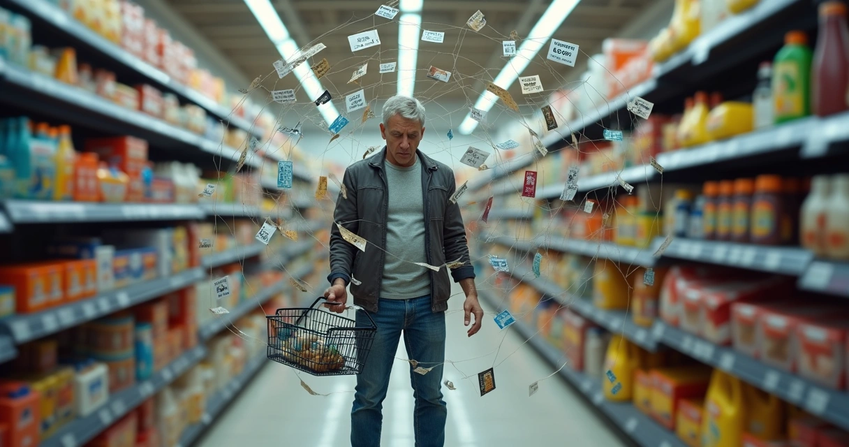 Pessoa em supermercado presa em teia de aranha feita de cartões e boletos 