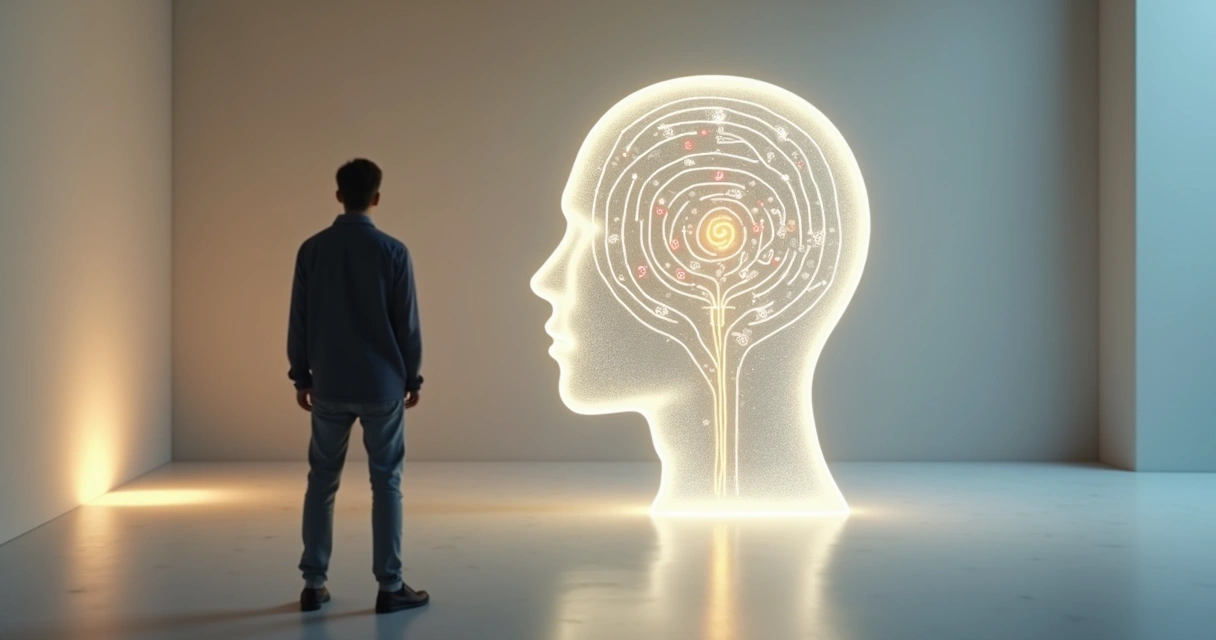 Pessoa observando labirinto dentro da própria cabeça em ambiente minimalista 