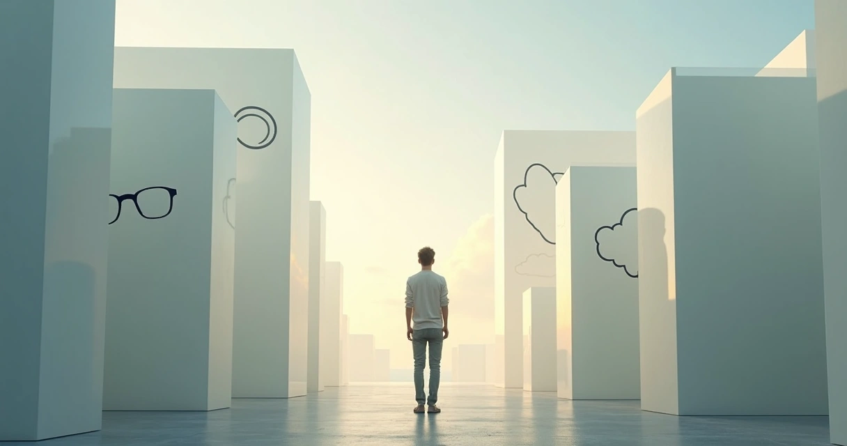 Pessoa diante de labirinto mental com caminho iluminado ao fundo 