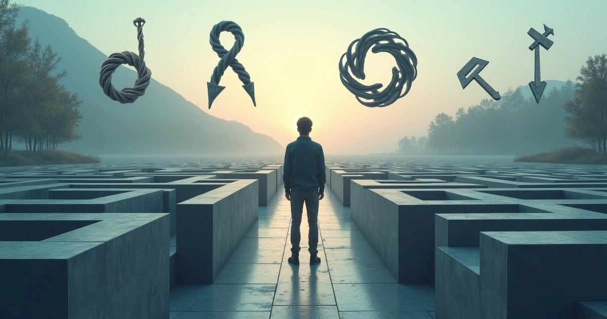 Pessoa em encruzilhada observando sombras de armadilhas mentais no caminho 