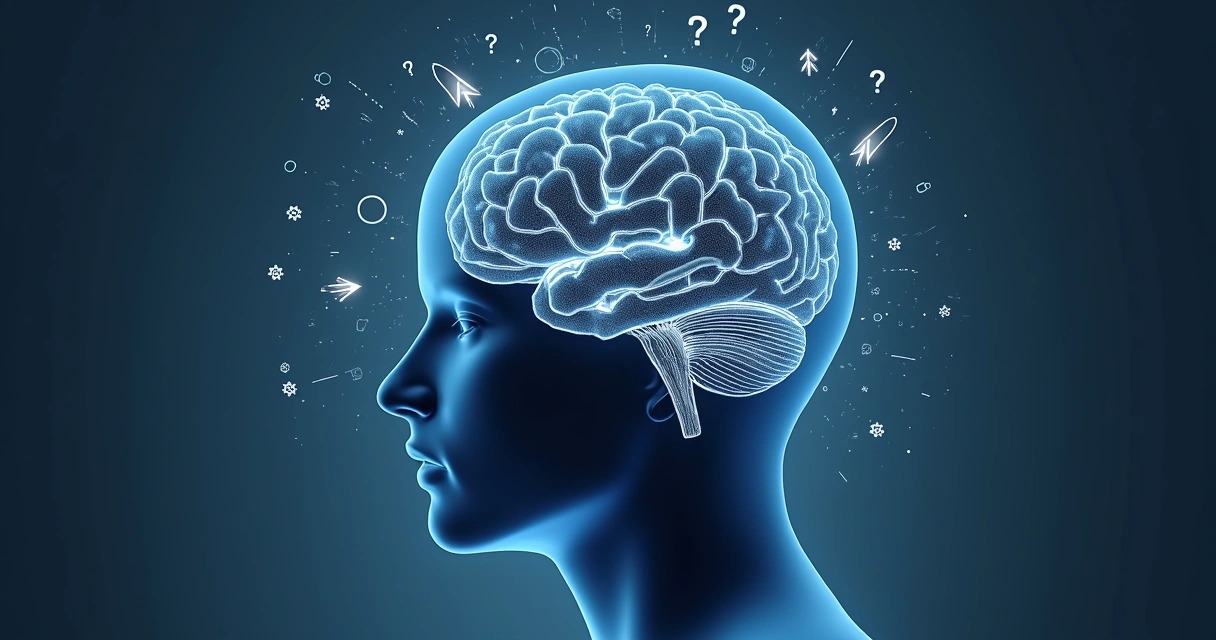 Ilustração de uma mente com labirintos e setas indicando caminhos confusos 