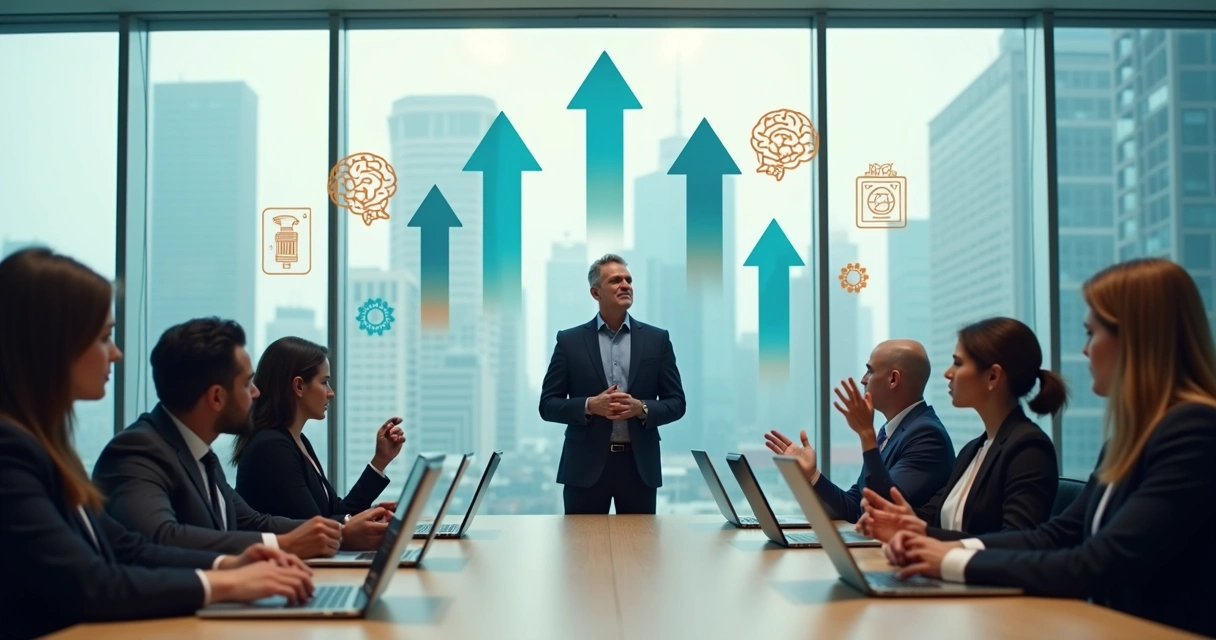 Líder em sala de reunião cercado por setas divergentes representando armadilhas cognitivas 