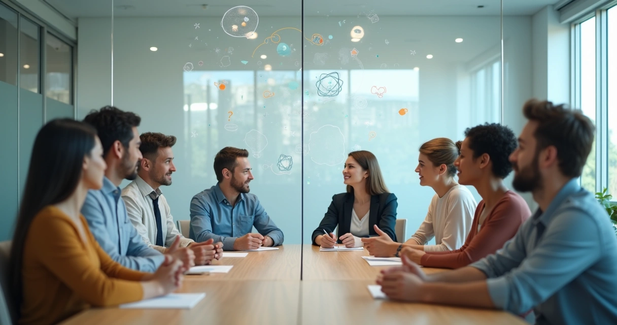Grupo de pessoas em reunião separados por parede de vidro com distorções visuais representando armadilhas cognitivas 