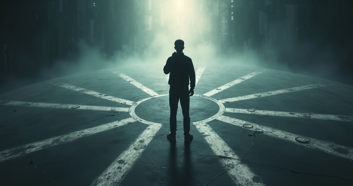 Pessoa em encruzilhada com sombras representando armadilhas do comportamento inconsciente 