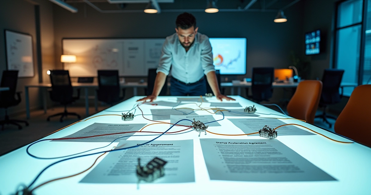 Founder observing acceleration contract papers conected to maze-like cables 