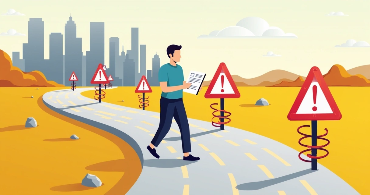 Caminho de contratos com sinais de alerta e obstáculos ilustrados