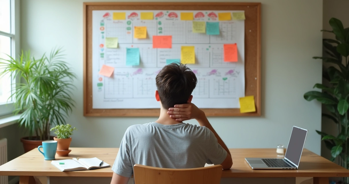 Pessoa olhando para mural de hábitos com progresso irregular 