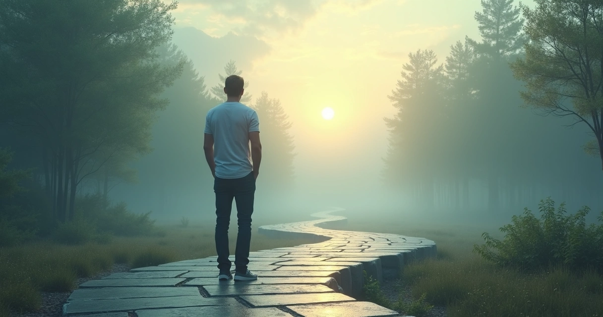 Pessoa refletindo diante de encruzilhada com símbolos de armadilhas emocionais ao fundo 