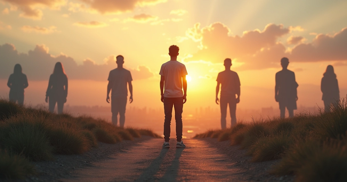 Pessoa em encruzilhada com sombras representando armadilhas emocionais ao redor 