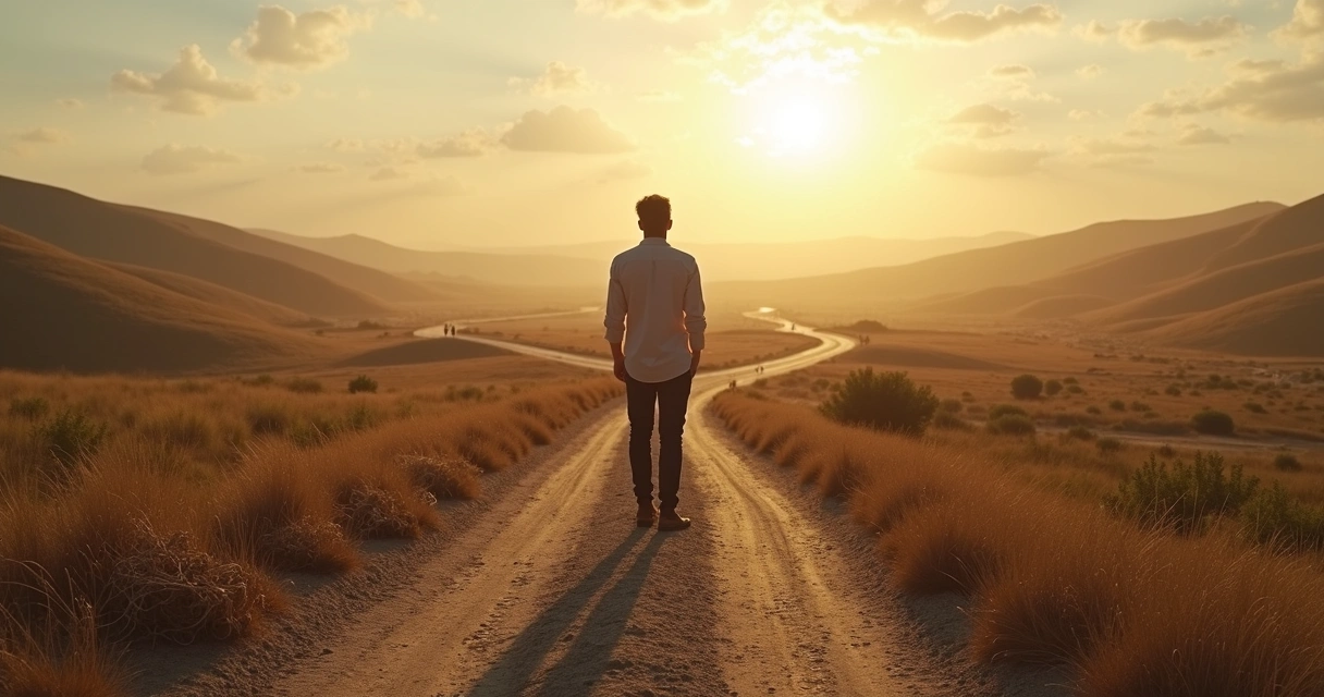 Pessoa em pé diante de estrada se dividindo em vários caminhos nebulosos 