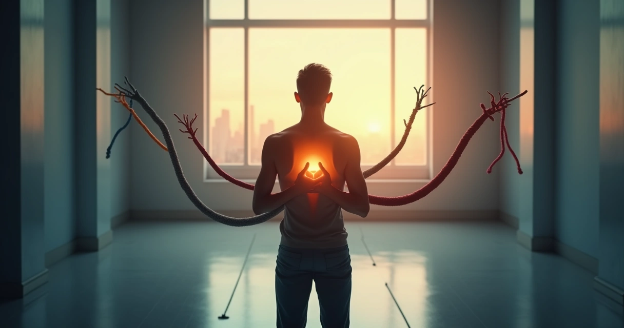 Pessoa em encruzilhada com fios emocionais puxando em direções opostas 