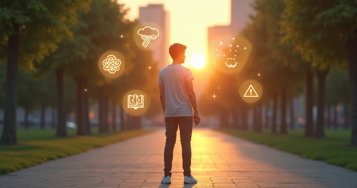 Pessoa em uma encruzilhada com ícones representando armadilhas emocionais no dia a dia 