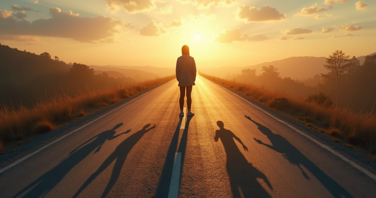 Pessoa em encruzilhada com sombras representando armadilhas emocionais 