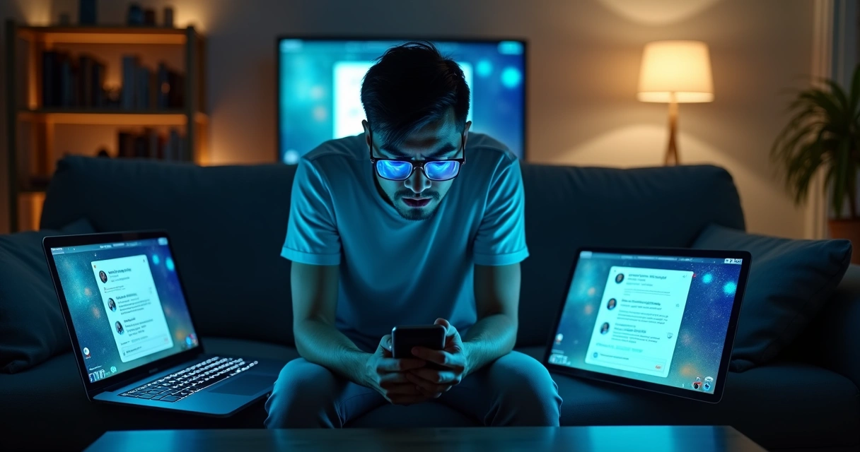 Pessoa cercada por telas digitais com expressão de sobrecarga emocional 