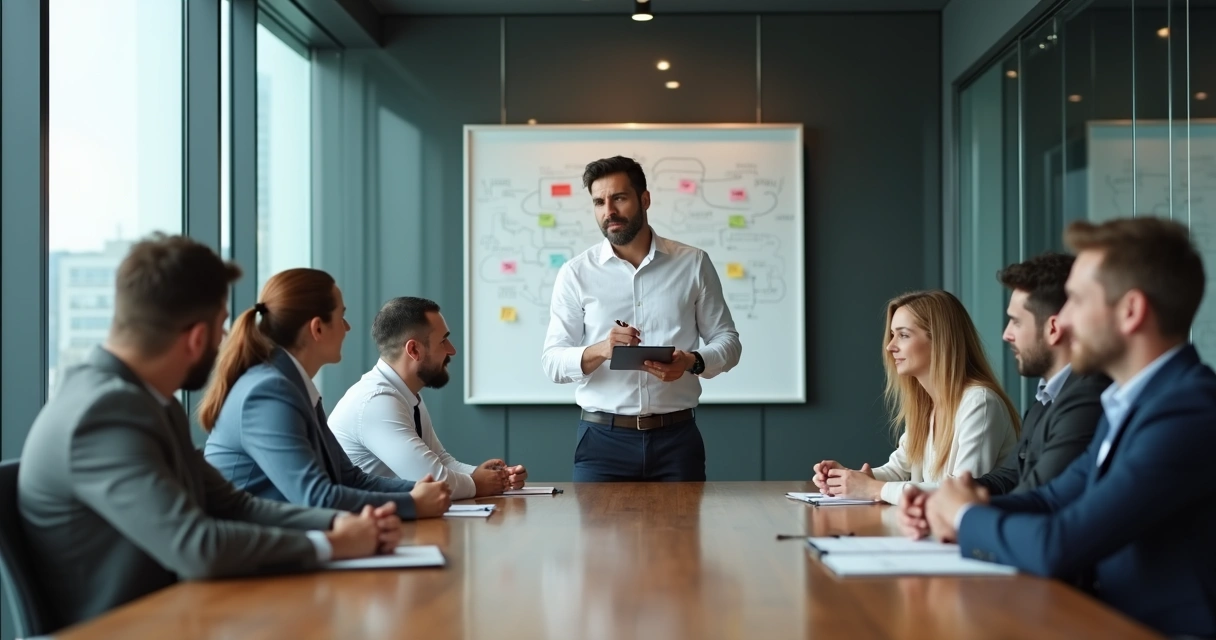 Equipe em reunião com tensões emocionais sutis em escritório moderno 