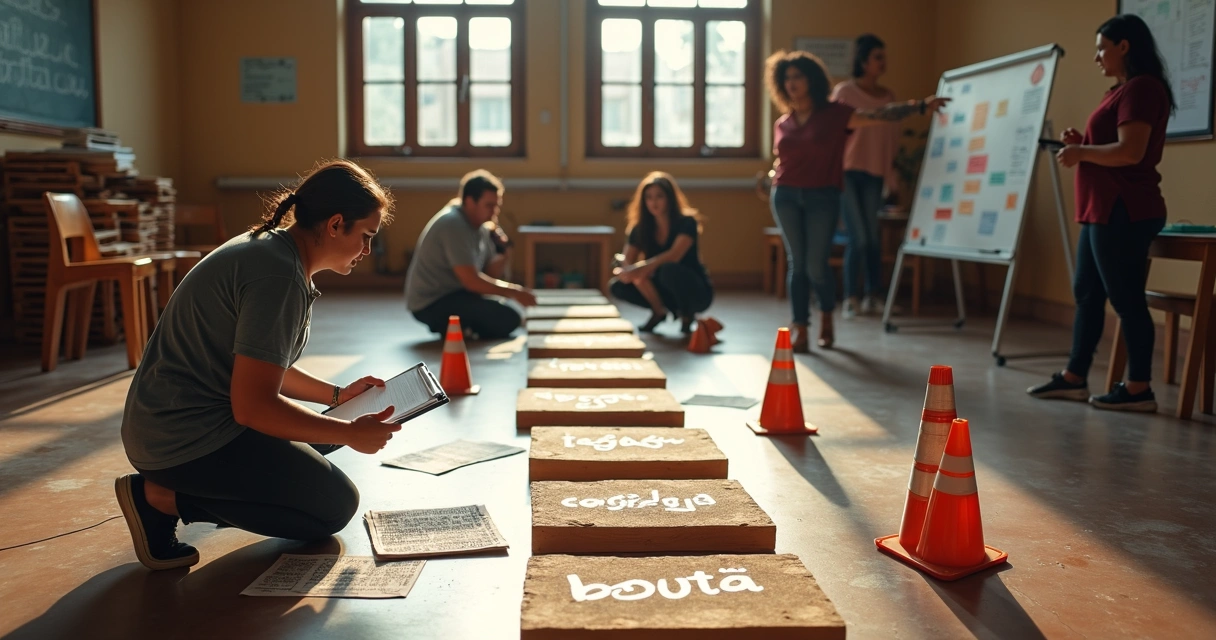 Voluntários em projeto social equilibrando blocos em piso com buracos à frente 