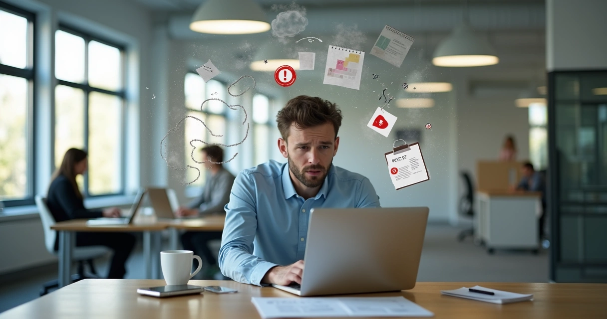 Profissional em escritório moderno cercado por ícones que representam armadilhas emocionais 