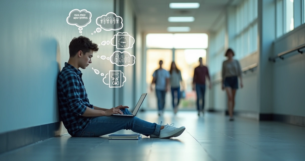 Estudante universitário sentado sozinho em corredor de faculdade com vários pensamentos confusos ao redor 