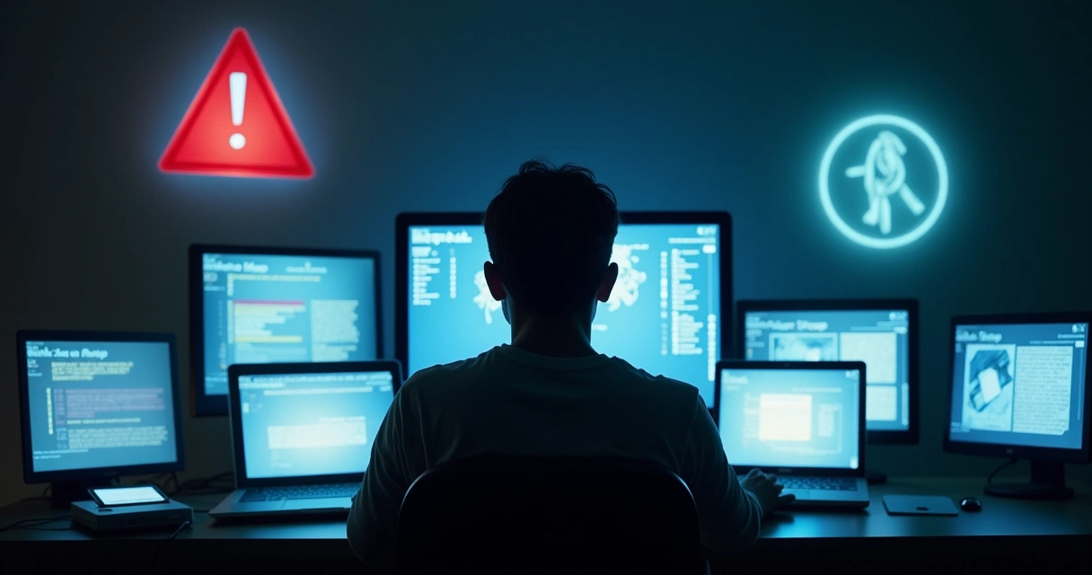 Pessoa diante de várias telas luminosas representando armadilhas digitais 