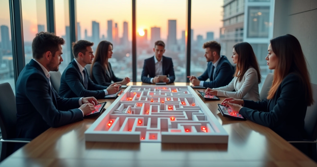 Executivos em reunião de inovação diante de labirinto com alertas éticos no centro da mesa 