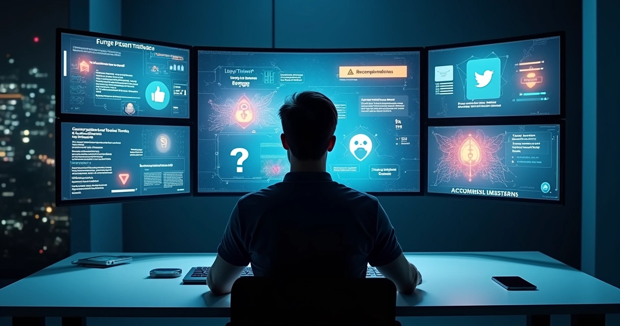 Pessoa em frente a várias telas digitais com ícones de redes sociais e dilemas éticos destacados 