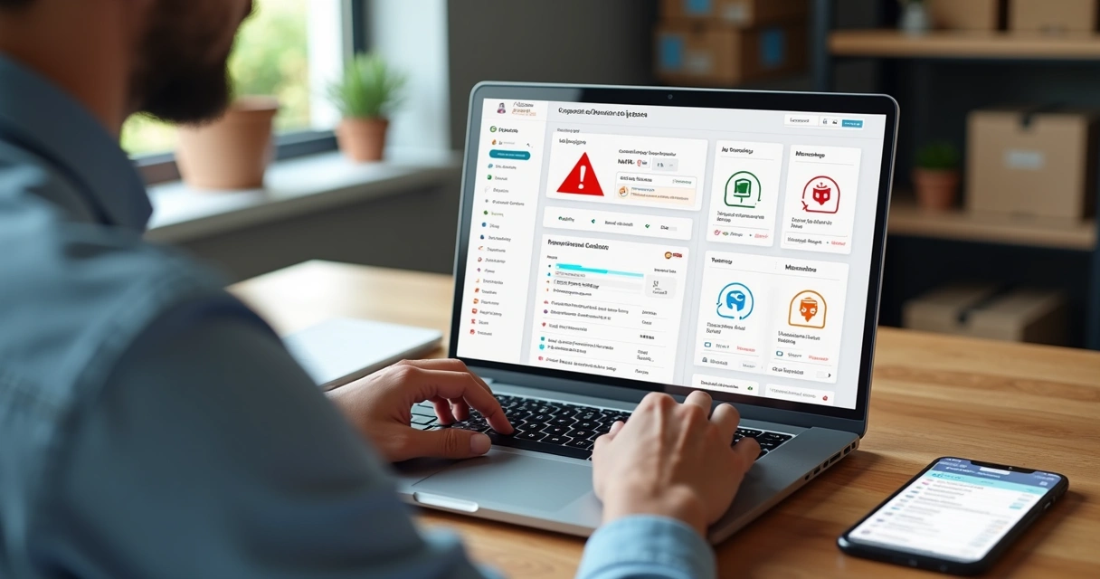Empreendedor de e-commerce analisando ferramentas com ícones de alerta na tela do notebook 