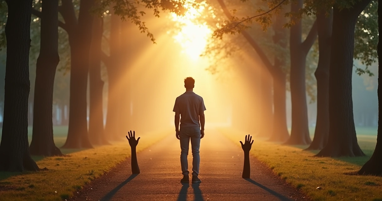 Pessoa em encruzilhada com sombras representando armadilhas mentais ao fundo 