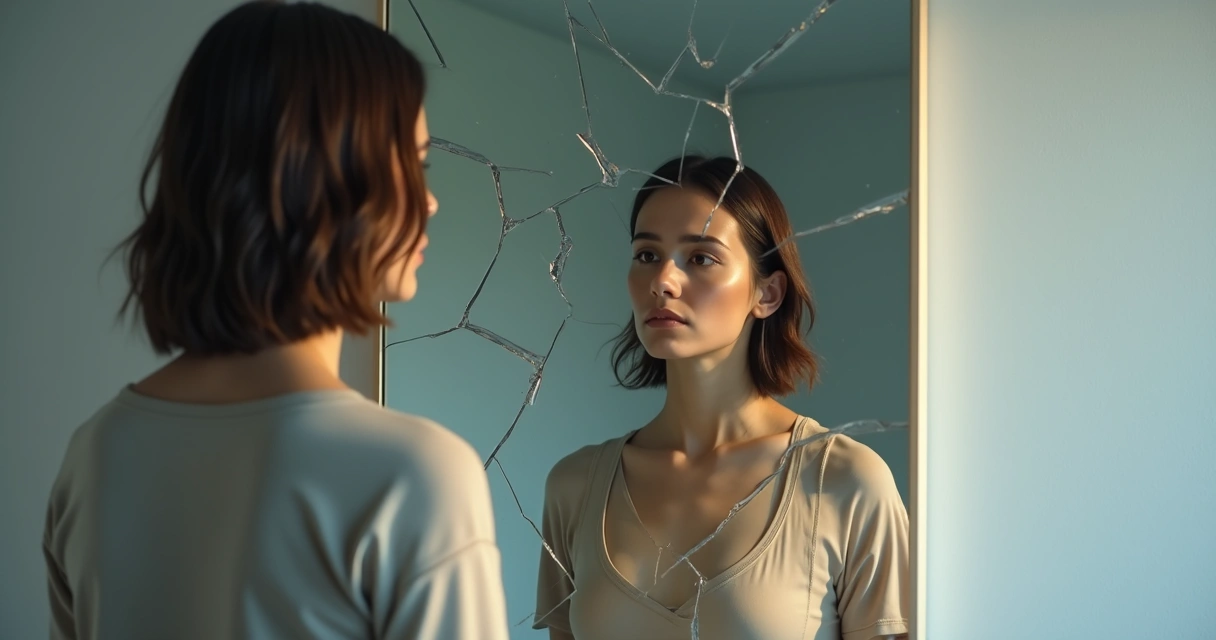 Pessoa olhando para o próprio reflexo distorcido em espelho dividido em partes 