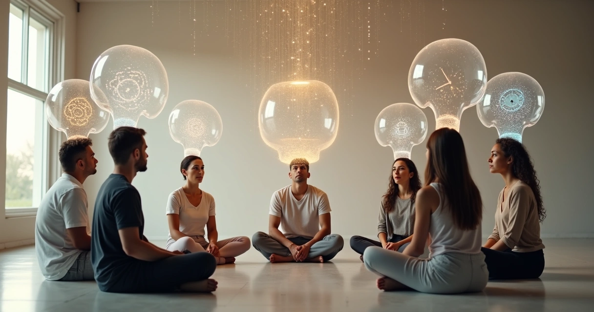 Grupo em círculo com silhuvas presas por fios a engrenagens mentais flutuantes 