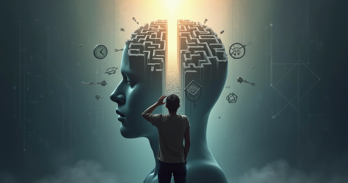 Pessoa em frente a labirinto mental tentando manter foco e clareza 