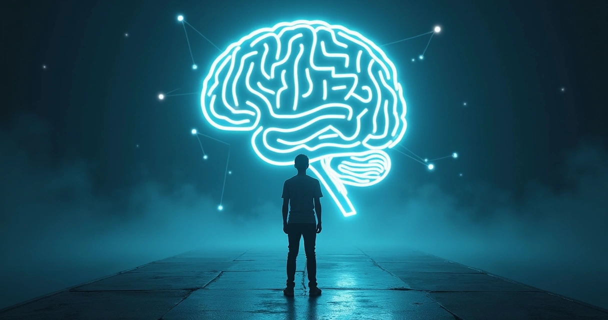 Pessoa em pé diante de um labirinto em forma de cérebro iluminado 