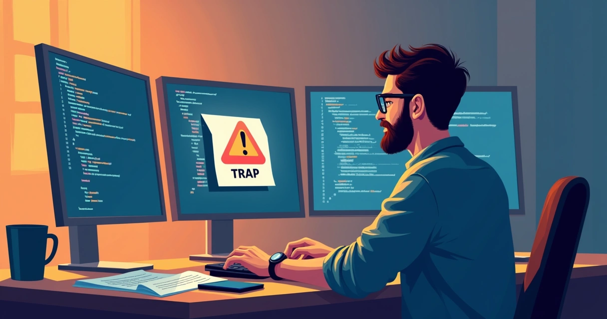 Programador olhando alerta de armadilha ao contratar seguro 