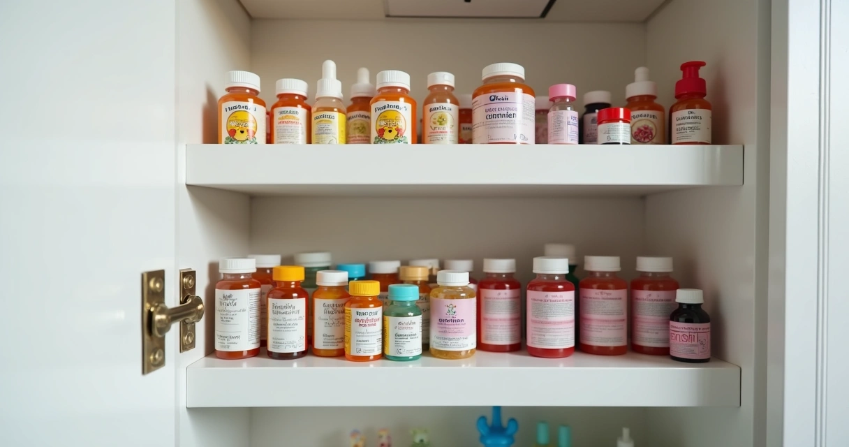 Armário branco com remédios infantis, protegido e organizado 