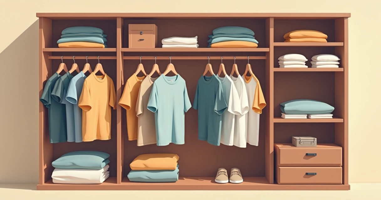 Guarda-roupa masculino bem organizado com camisetas em tons neutros e regatas alinhadas