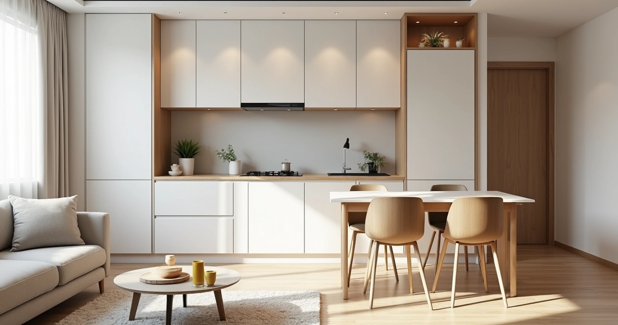 Armário planejado branco com portas fechadas até o teto em apartamento pequeno 