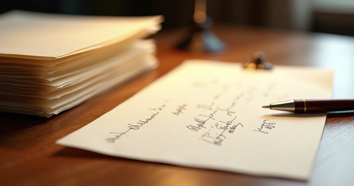 Pilha de cartas sobre mesa de madeira, algumas assinadas, caneta ao lado 