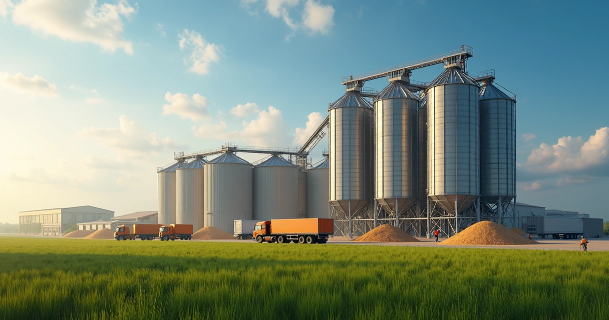Vista aérea de armazém de grãos com caminhões e silos, representando operações complexas de cerealistas 